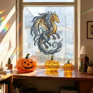 Detail of iridescent golden dragon window sticker for Halloween glass decoration