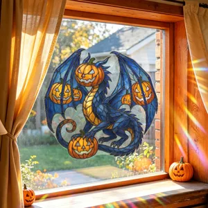 Halloween Blue Dragon Pumpkin Head Static Window Sticker Stained Glass Effect Colorful PVC Window Film For Party Decor