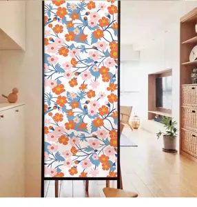 Close-up detail of floral static cling privacy window film with colorful blossom pattern