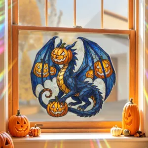 Colorful Halloween blue dragon and pumpkin head stained glass effect window sticker