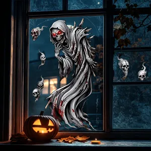 Stickers de fenêtre Halloween avec faucheuse et crânes pour décoration.