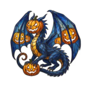 Stained glass style Halloween blue dragon window cling with orange pumpkin heads