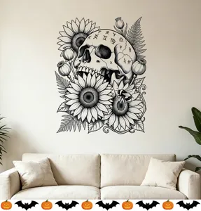 Adesivo murale decorativo teschio e girasole bianco e nero in un moderno soggiorno