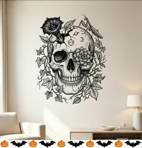 Detailed black and white skull wall sticker with intricate vines and mystical symbols.