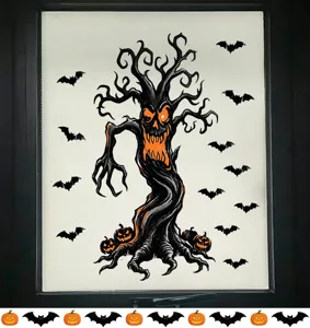 Gruseliges Halloween-Fensteraufkleber-Set mit Geisterbaum, Fledermäusen und Kürbissen