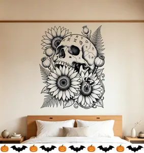 Adesivo da parete teschio e girasole in bianco e nero per Halloween