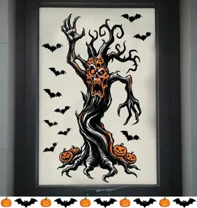 Gruseliger Halloween-Baum Glasaufkleber mit Totenköpfen und Kürbisdetails am Fenster