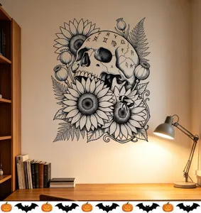 Adesivo murale con teschio e girasole di Halloween su una parete sopra una scrivania