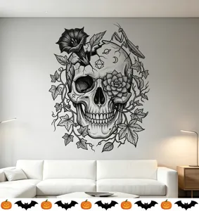 Macro view of artistic skull and vine wall sticker applied in a modern living room.