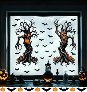 Halloween-Fensteraufkleber mit gruseligen Bäumen und Fledermäusen auf Glas