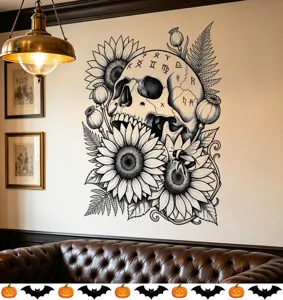 Vista dettagliata dell'adesivo murale Halloween teschio e girasole in un soggiorno