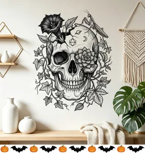 Detailed black and white skull wall sticker with morning glory flowers and mystical symbols