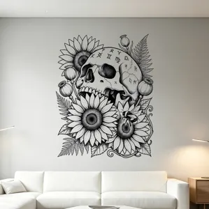 Dettaglio dell'adesivo murale teschio gotico e girasole in un soggiorno moderno
