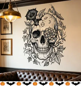 Detailed view of skull wall decal with morning glory and occult symbols