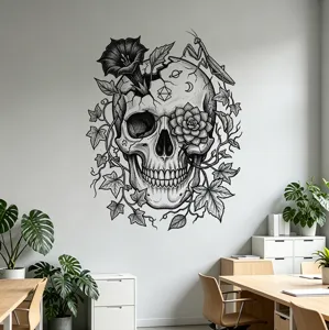 Detailed black and white gothic skull wall sticker with vines and floral elements.
