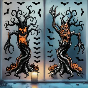 Halloween Statische Fensterbilder Gruselige Geistergesicht Toter Baum Kürbiskopf Fledermäuse Wandaufkleber Doppelseitig Bedruckt PVC Halloween Aufkleber