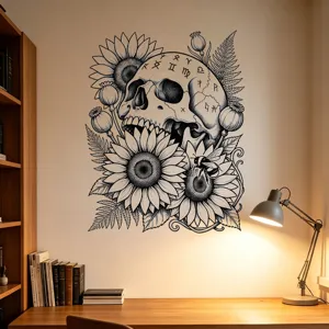Adesivo da Parete Halloween Teschio Girasole Testa di Scheletro Gotico Monocromatico Autoadesivo Impermeabile PVC Decorazione Casa