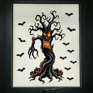 Halloween Statische Fensteraufkleber Set mit gruseligem Baum, Fledermäusen und Kürbis