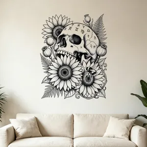 Adesivo murale con teschio gotico e girasoli per decorazione Halloween d'interni
