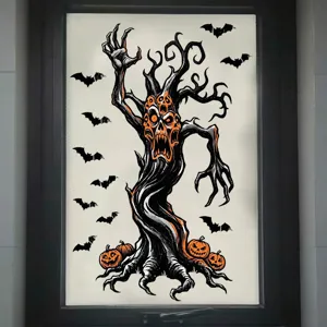 Gruseliger Halloween-Fensteraufkleber mit geisterhaftem Baum, Fledermäusen und Kürbisakzenten