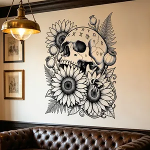 Adesivo murale teschio gotico con girasoli e simboli astrologici per decorazione