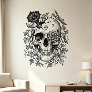 Gothic black and white skull wall decal with morning glory vine and celestial symbols.