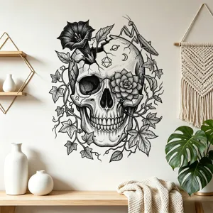 Gothic skull wall sticker with morning glory vines and mantis illustration for home decor