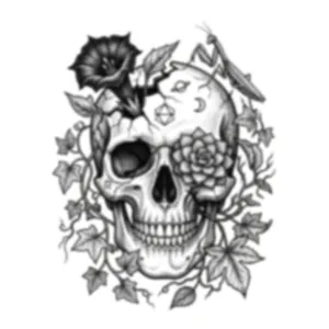 Black and white Halloween skull wall sticker with morning glory vines and mantis illustration