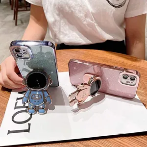 Luxury plated astronaut phone case with glitter stand for iPhone 14 Pro Max 13