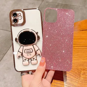Electroplated astronaut phone case with glitter back panel for iPhone compatibility detail.