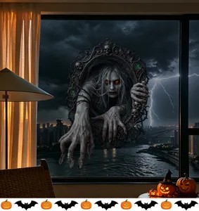 Spooky Halloween static window sticker with a terrifying ghost mirror design for home decor