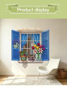 3D blue fake window wall decal with colorful flowers and succulents in living room