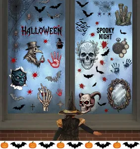 Spooky Halloween static window stickers with skull, bat and blood handprint designs.