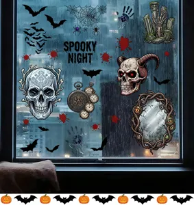 Macro view of Halloween window stickers featuring skulls and bats on a rainy window glass