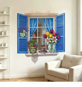 Decorative 3D blue faux window wall sticker with vibrant flowers and succulent plants
