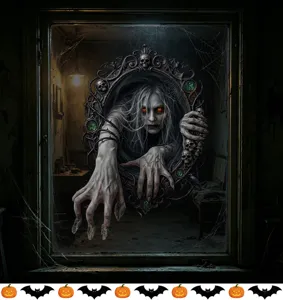 Scary Halloween static window sticker featuring a creepy ghost woman emerging from a mirror