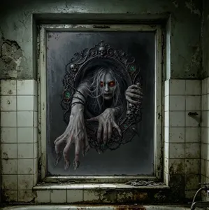 3D horror Halloween window decal featuring a ghost woman emerging from a mirror frame.