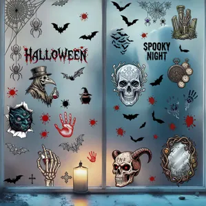 Detailed view of Halloween window stickers featuring skulls, bats, and bloody handprints