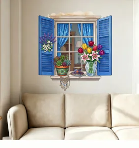 3D blue faux window wall sticker with floral pattern displayed over a sofa in a living room
