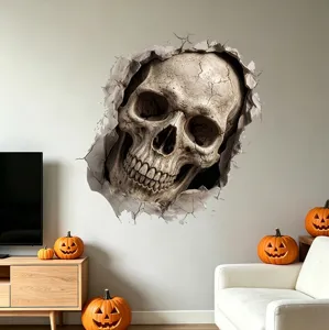 Primo piano di un adesivo da parete teschio 3D con effetto muro rotto