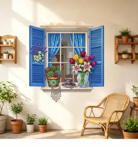 Detail showing 3D blue faux window wall sticker with vibrant flowers in home setting