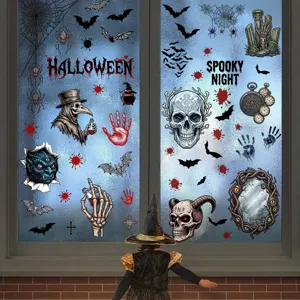 Halloween Static Cling Window Stickers Horror Skeleton Demon Blood Handprint PVC Decals For Party Glass Mirror Decor