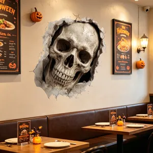 Adesivo murale 3D spaventoso per Halloween con un teschio realistico che rompe il muro