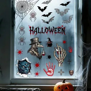 Halloween static window cling stickers with plague doctor and blood handprints