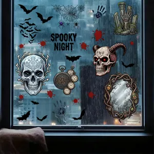 Spooky Halloween window clings featuring skulls, bats, and blood splatters stickers