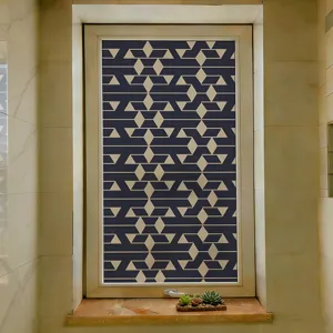 Geometric privacy window film with navy abstract pattern for home office and bathroom