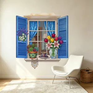 3D blue window wall sticker with colorful flowers and coffee cup design
