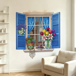 Decorative 3D blue fake window wall sticker featuring vibrant floral and succulent designs