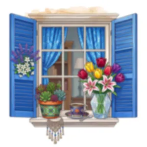 Decorative blue fake window wall sticker with vibrant floral plants for bedroom home decor