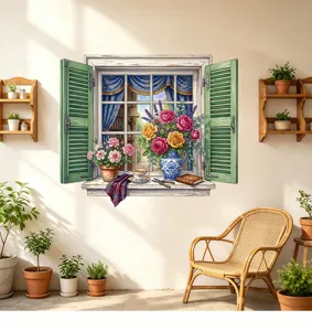 Adesivo murale 3D finestra verde realistica con fiori in un ambiente da soggiorno.